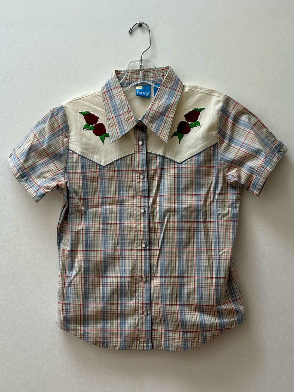 Vintage Roxy Short-Sleeve Plaid Western Shirt with Rose Embroidery